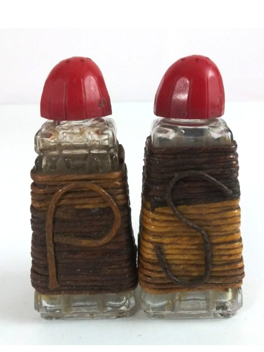 Vintage Waffle Glass With Twine & Red Tops Salt & Pepper Shakers Japan